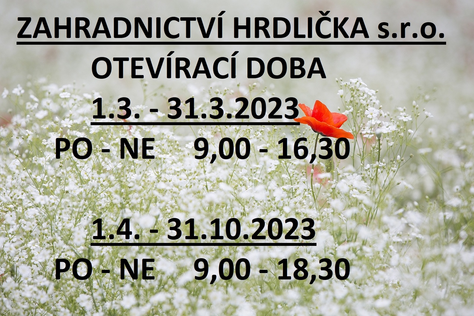 Otevírací doba Zahradnictví Hrdlička Třebeň 